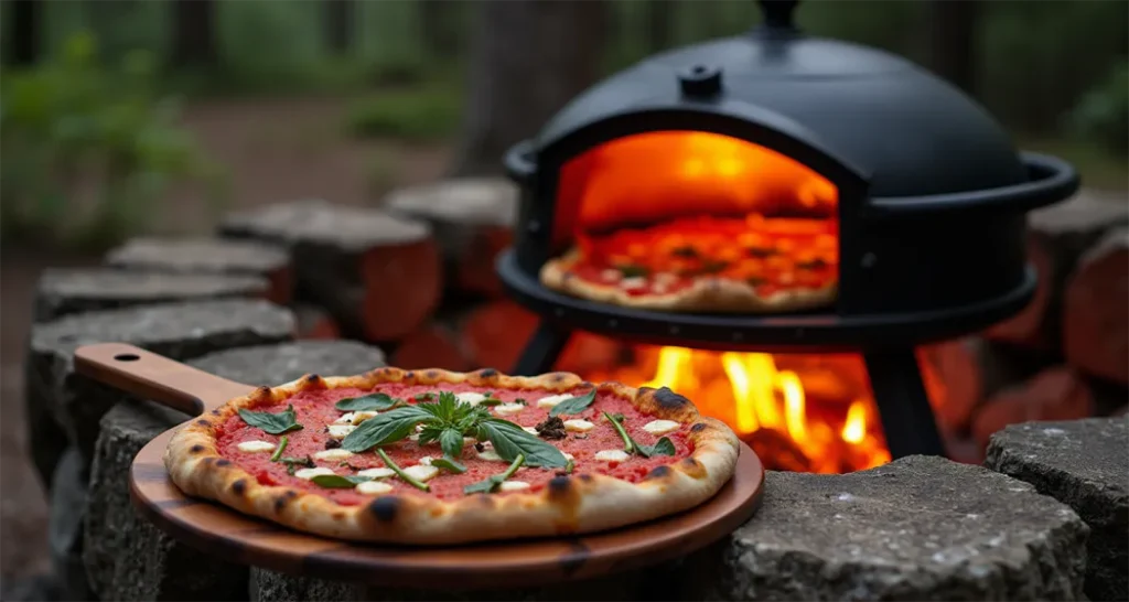 A Dutch oven setup near a fire pit with pizzas inside