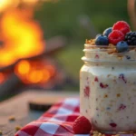 Jar of overnight oats with fresh berries and granola at a campsite table, surrounded by outdoor scenery