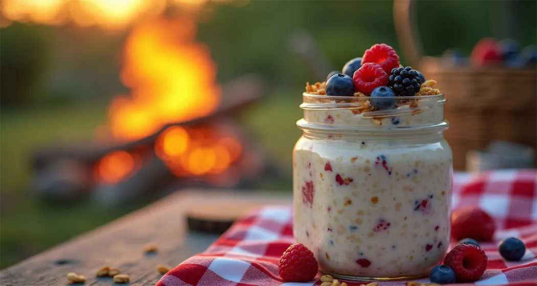 Jar of overnight oats with fresh berries and granola at a campsite table, surrounded by outdoor scenery