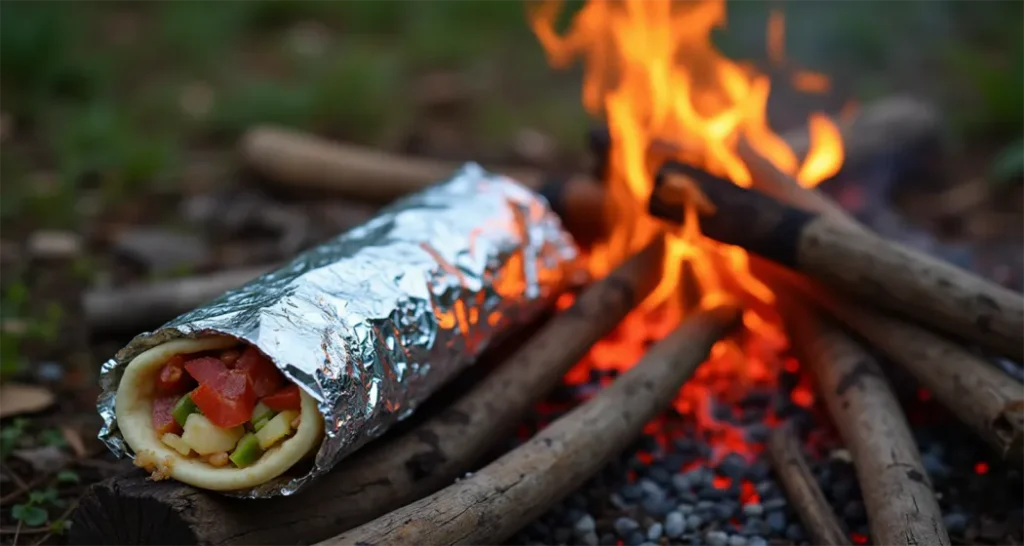 Easy Camping Meals : Foil-wrapped breakfast burrito filled with eggs, cheese, sausage, and veggies, ready to eat by a campfire