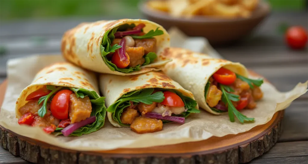 Camping wraps and roll-ups displayed on a wooden board at a campsite, surrounded by fresh ingredients