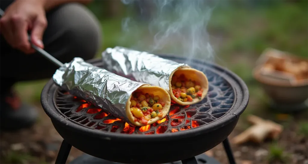 Foil-wrapped camping wraps being heated on a portable camping grill at a campsite