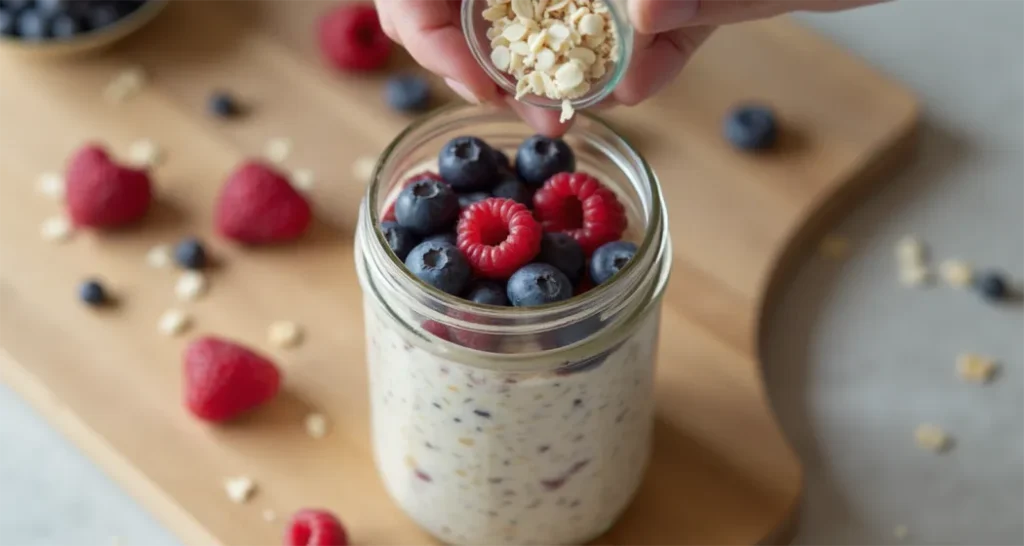 Adding fresh blueberries and raspberries to a jar of overnight oats