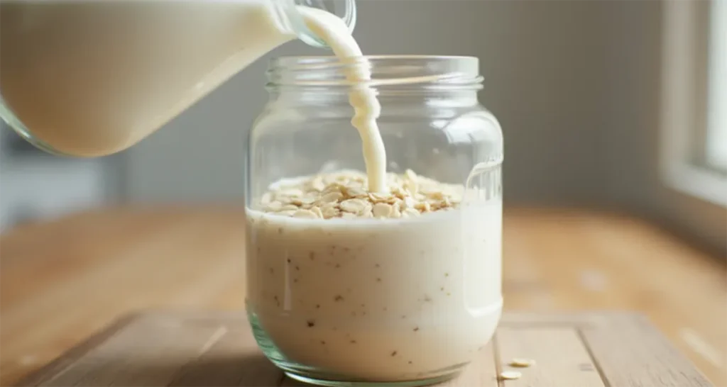 Pouring milk into a mason jar filled with oats and chia seeds 