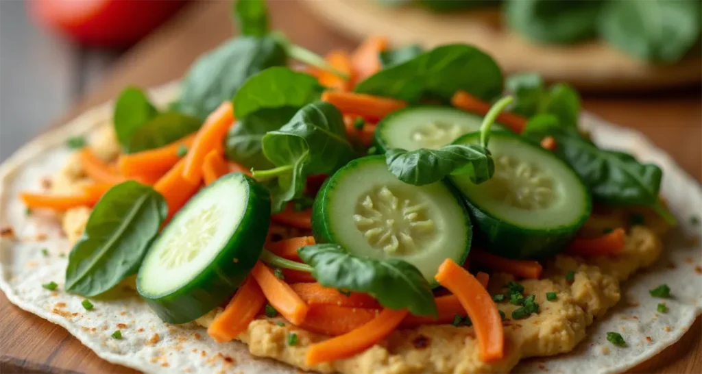 Adding fresh spinach, cucumbers, and shredded carrots to a hummus-coated tortilla.