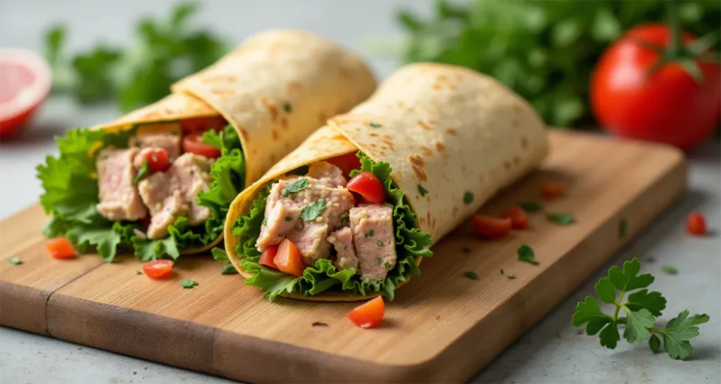 Tuna salad wrap with lettuce and tortilla, perfect for camping lunch