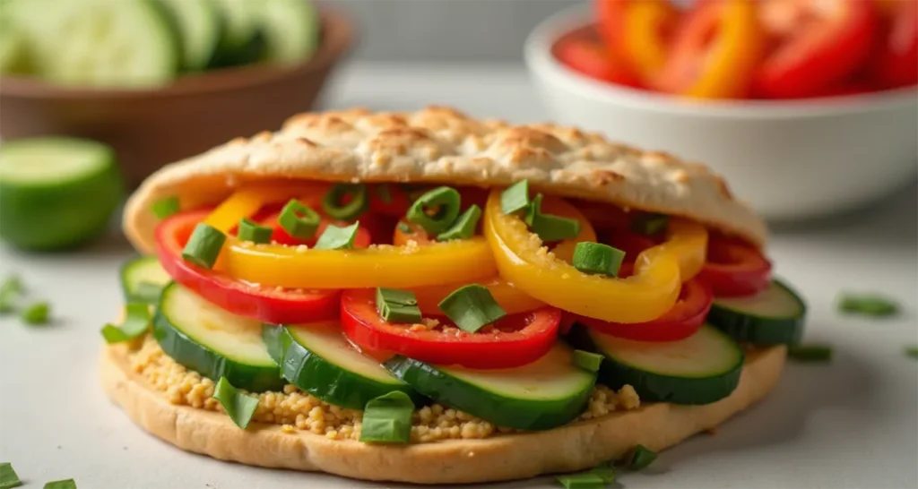 Hummus and veggie pita sandwich with bell peppers and cucumbers on a picnic table