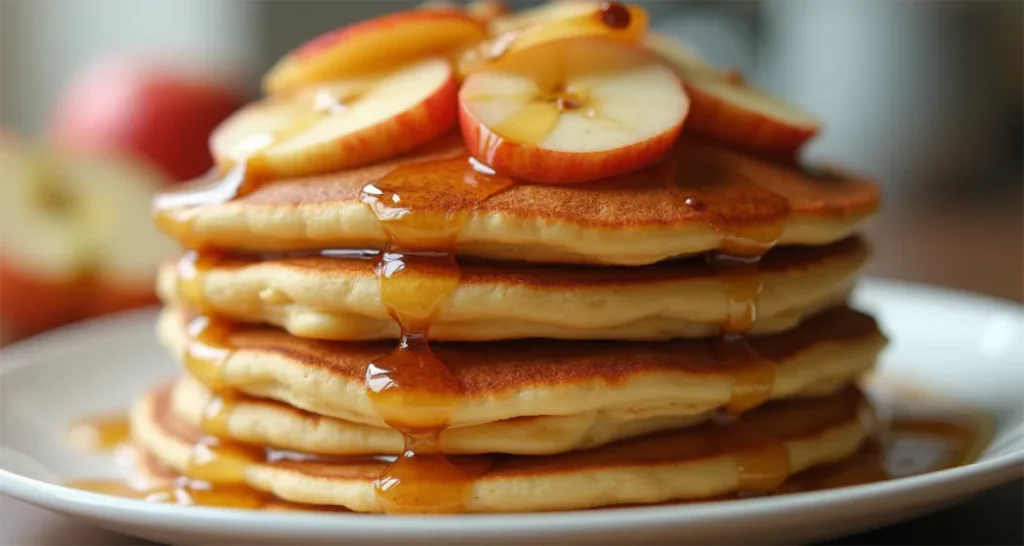 Golden pancakes topped with caramelized apple slices, cinnamon, and a drizzle of maple syrup