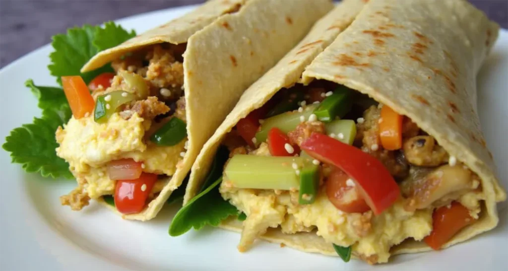 Asian-inspired No-Cook Hummus and Veggie Wrap with pickled vegetables and sesame seeds