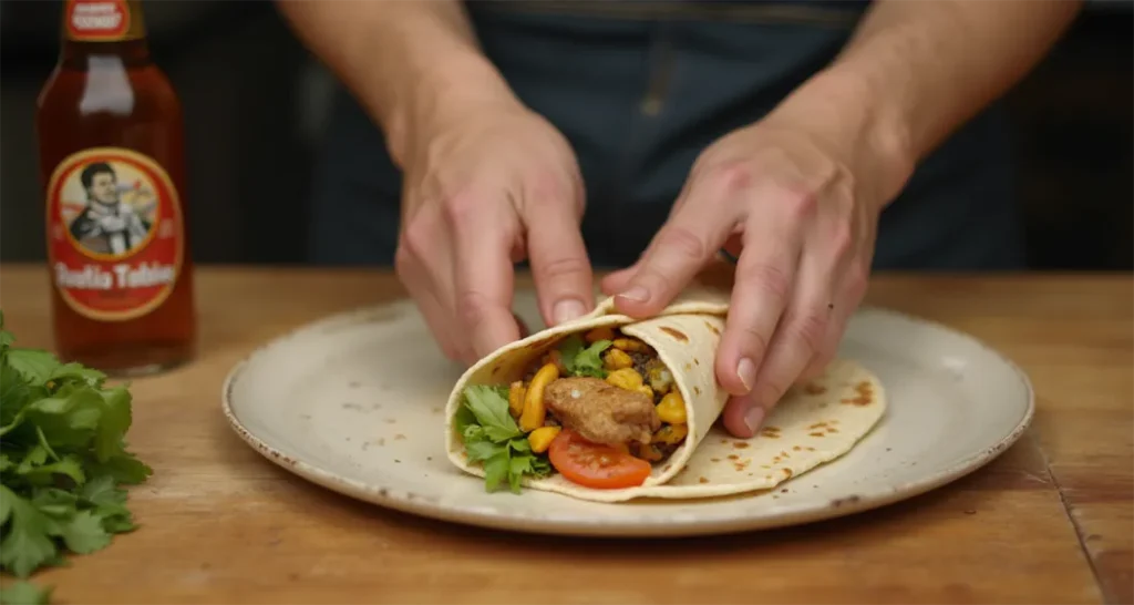 Filling, rolling, and wrapping a make-ahead breakfast burrito in foil