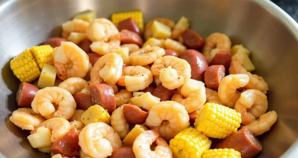 Shrimp, sausage, potatoes, and corn being tossed with butter and seasoning in a large mixing bowl