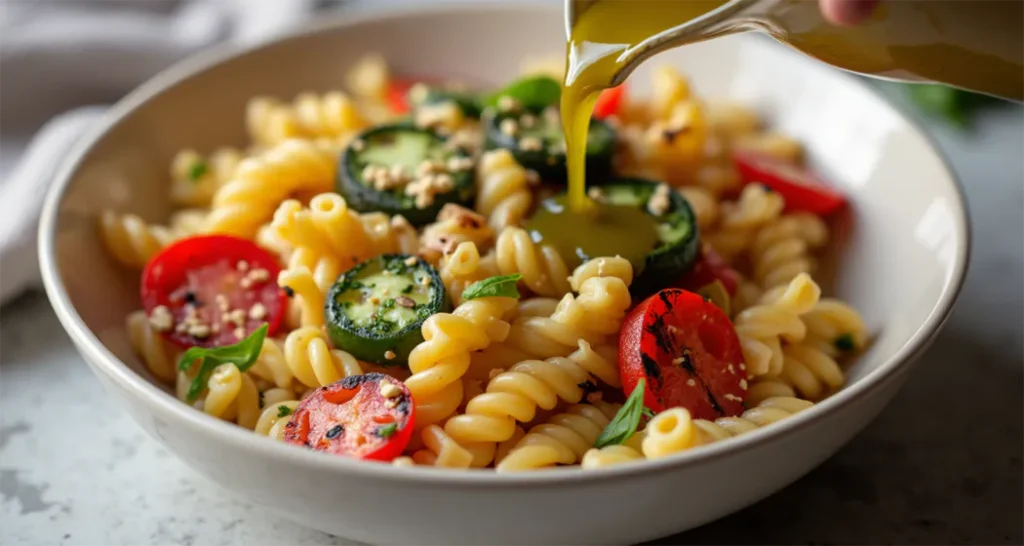 A mixing bowl with pasta and grilled vegetables being tossed with olive oil and balsamic vinegar