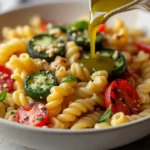 A mixing bowl with pasta and grilled vegetables being tossed with olive oil and balsamic vinegar