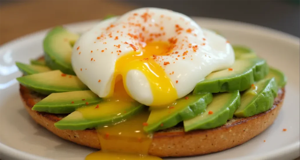 Avocado toast bagel topped with poached egg and red pepper flakes