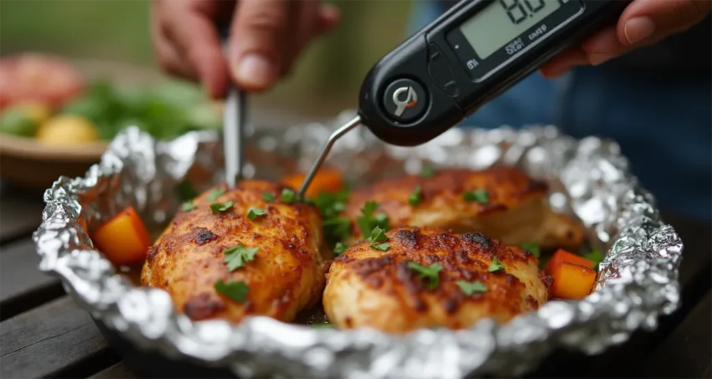 Meat thermometer inserted into cooked chicken to check for safe internal temperature