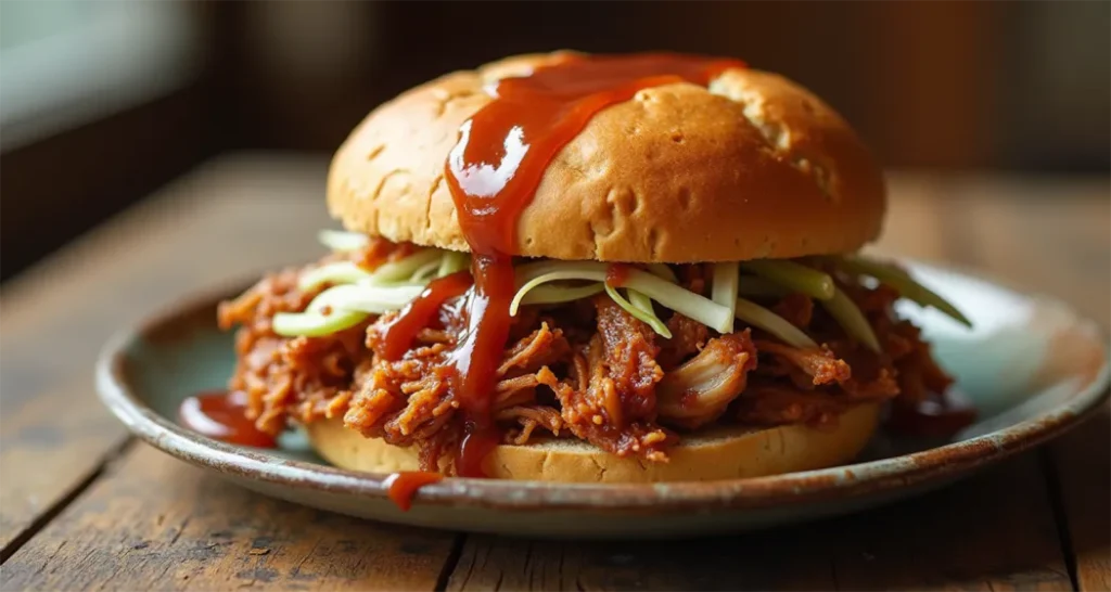 BBQ pulled pork sandwich with coleslaw served on a toasted bun