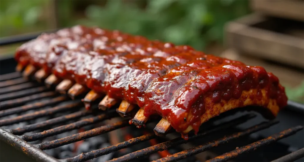 Easy Camping Meals : BBQ ribs cooked in foil, brushed with barbecue sauce and served hot off the grill