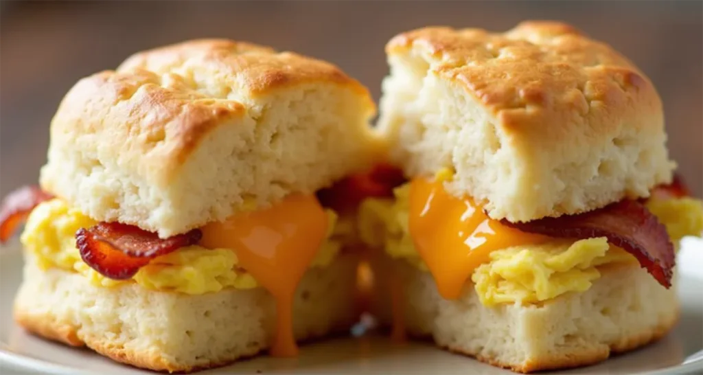 Camping Breakfast Ideas :Breakfast biscuits filled with crispy bacon, scrambled eggs, and cheddar cheese on a camp table