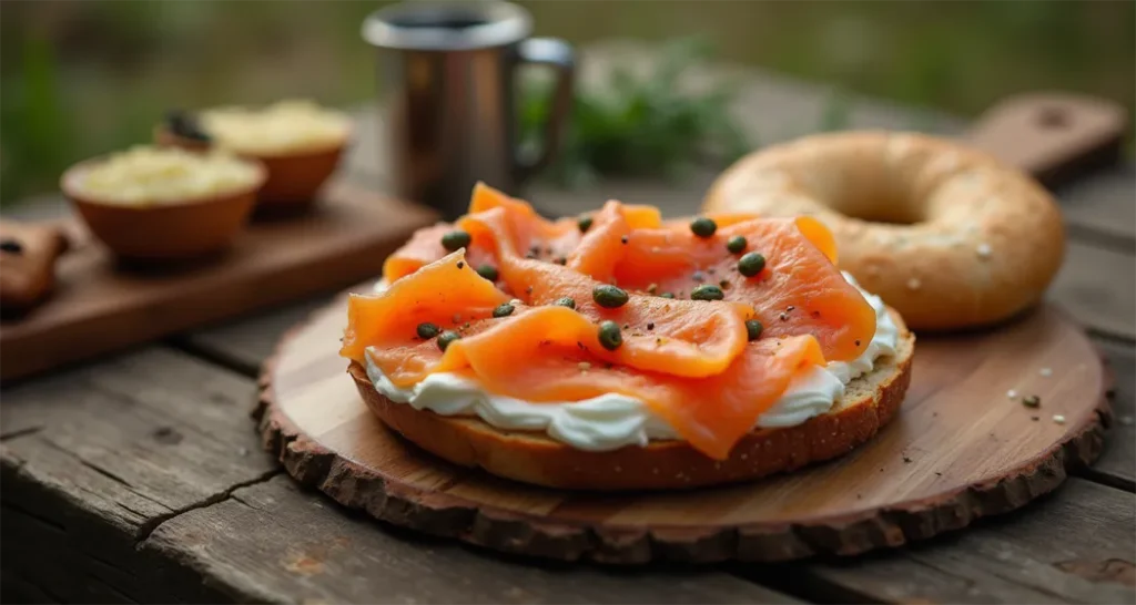 Bagel with cream cheese, smoked salmon, capers, and a slice of lemon for a refreshing lunch