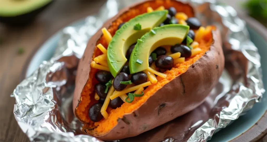 Baked sweet potatoes topped with black beans, shredded cheese, and avocado at a campsite.