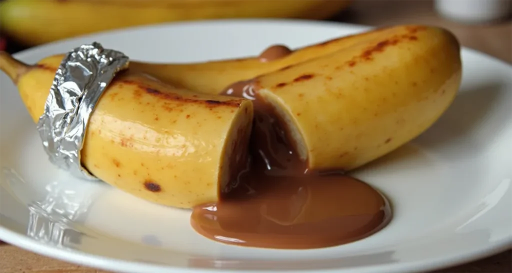 Foil-wrapped banana boat stuffed with peanut butter and chocolate, roasted over a campfire