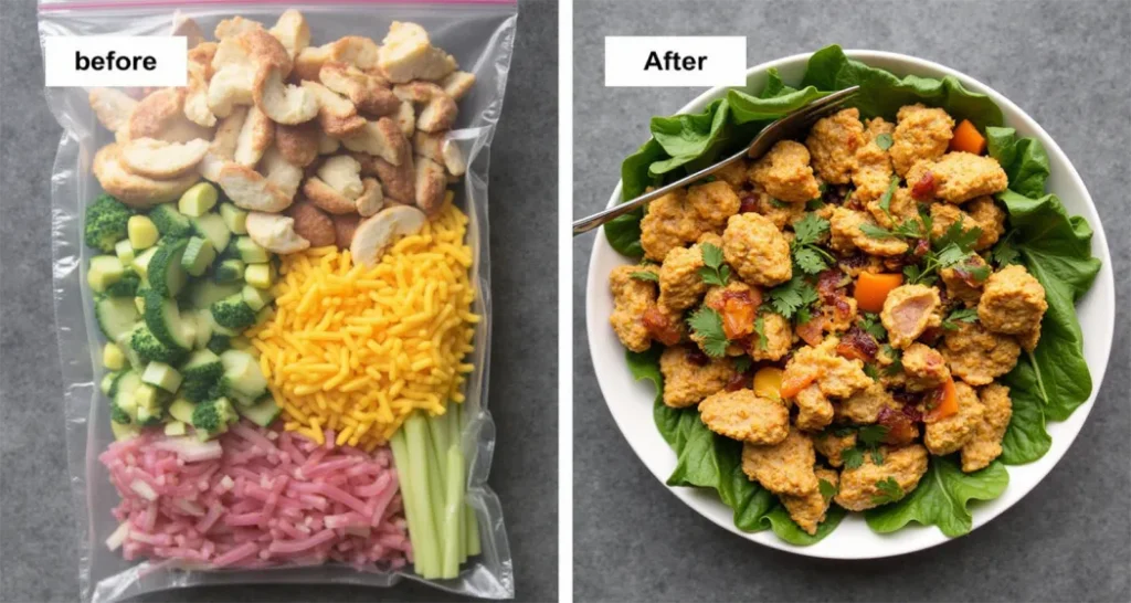 Before-and-after image of packed ingredients transformed into a protein-packed camping salad