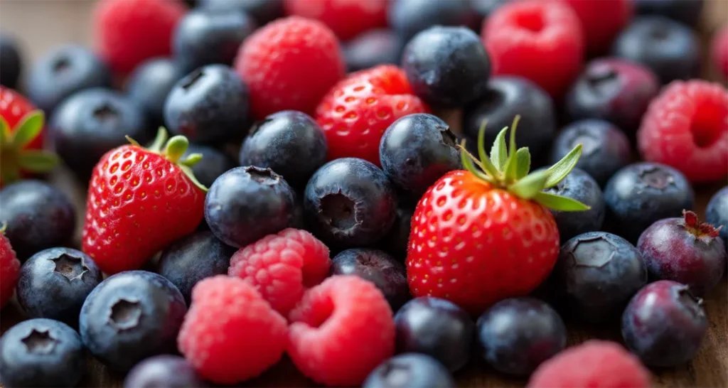 Berry medley overnight oats with fresh blueberries, strawberries, and raspberries