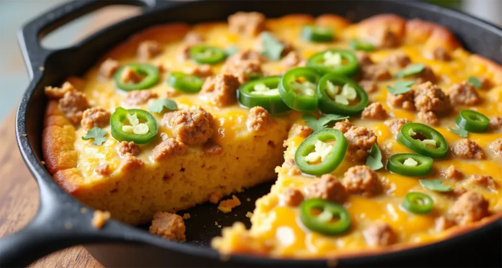 Camping Breakfast Ideas :Skillet cornbread topped with sausage crumbles, jalapeños, and melted cheese on a campfire