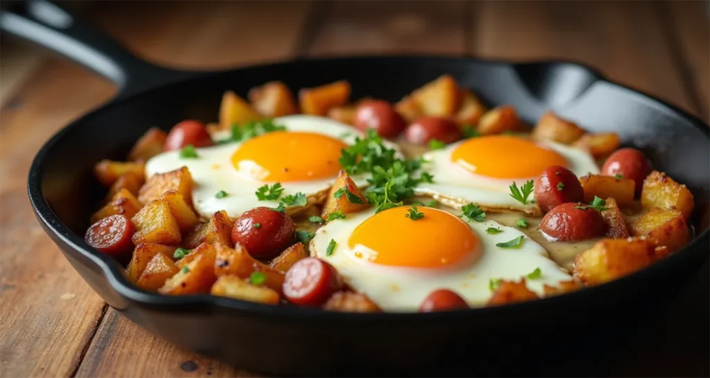 Breakfast hash with eggs, sausage, and crispy potatoes cooked over a campfire