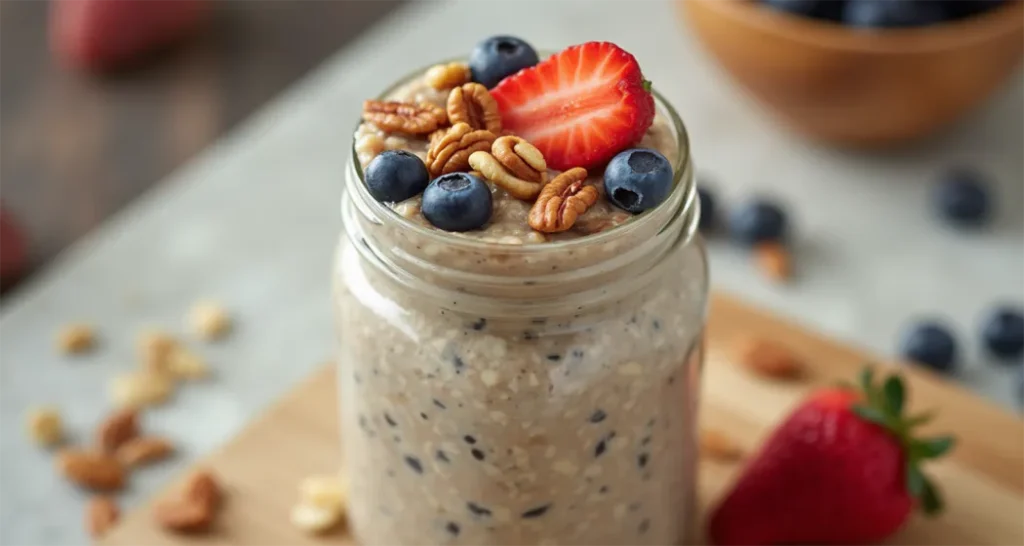 No-cook camping yogurt parfait with layers of Greek yogurt, granola, and fresh strawberries