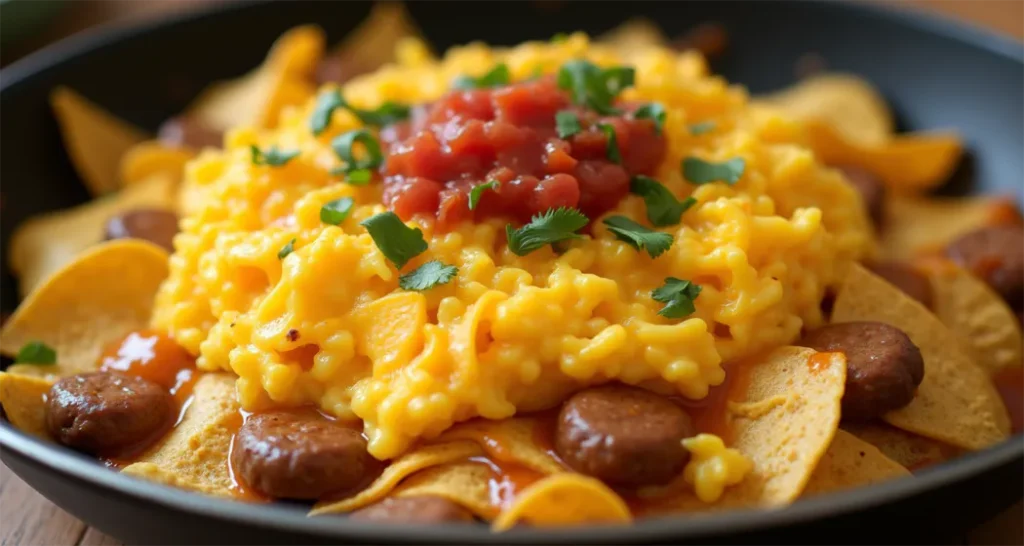 Breakfast nachos loaded with eggs, cheese, sausage, and salsa, perfect for sharing around the campfire