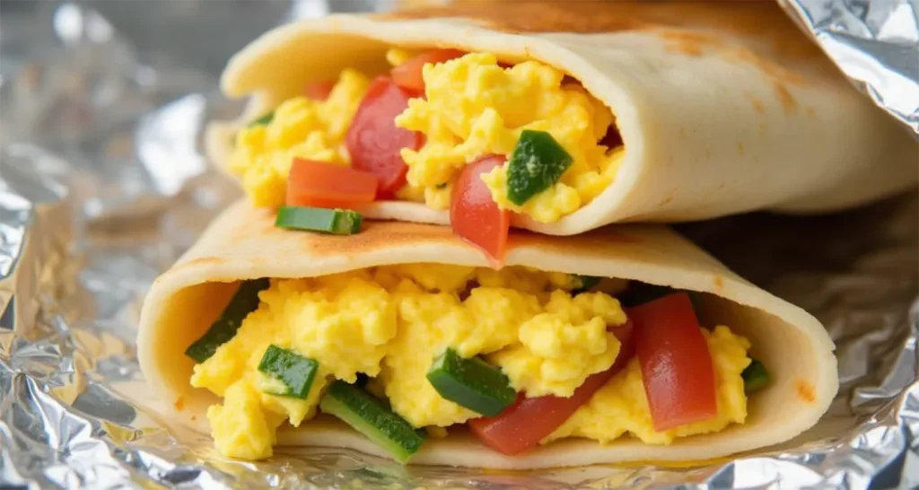 Camping Breakfast Ideas :Foil-wrapped breakfast pita pocket filled with scrambled eggs, cheese, and sautéed vegetables