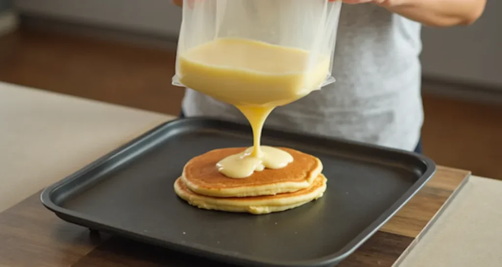 Campfire pancakes with fresh fruit and syrup served on a plate