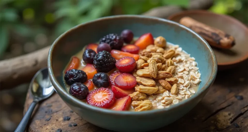 Camping oatmeal with dried fruits and nuts served in a lightweight bowl