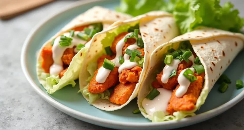 Buffalo chicken wraps with shredded chicken, ranch dressing, and lettuce ready to serve