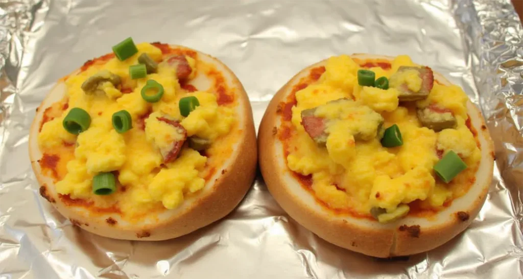 Mini breakfast pizzas with scrambled eggs, cheese, and veggies, cooked over a campfire