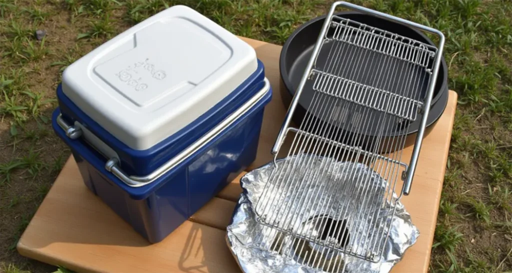 Checklist of campfire cooking gear, including grill grate, heavy-duty foil, and cast iron pan