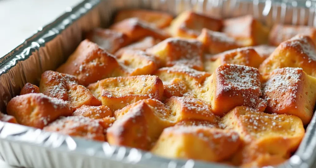 Campfire French toast casserole cooked in a foil pan, topped with powdered sugar and maple syrup