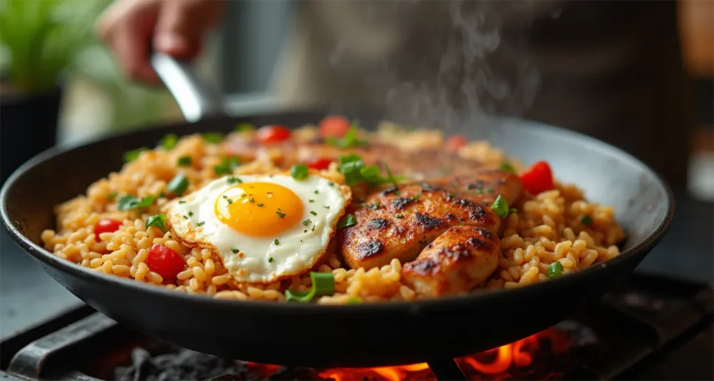 Campfire fried rice with vegetables, chicken, and scrambled eggs, cooked in a cast-iron skillet.