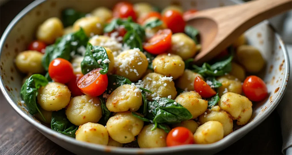 Campfire gnocchi with pesto, cherry tomatoes, and spinach served in a skillet.