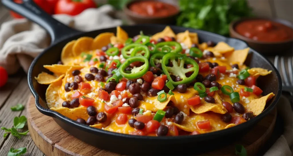 Campfire nachos with melted cheese, black beans, and jalapeños served in a skillet