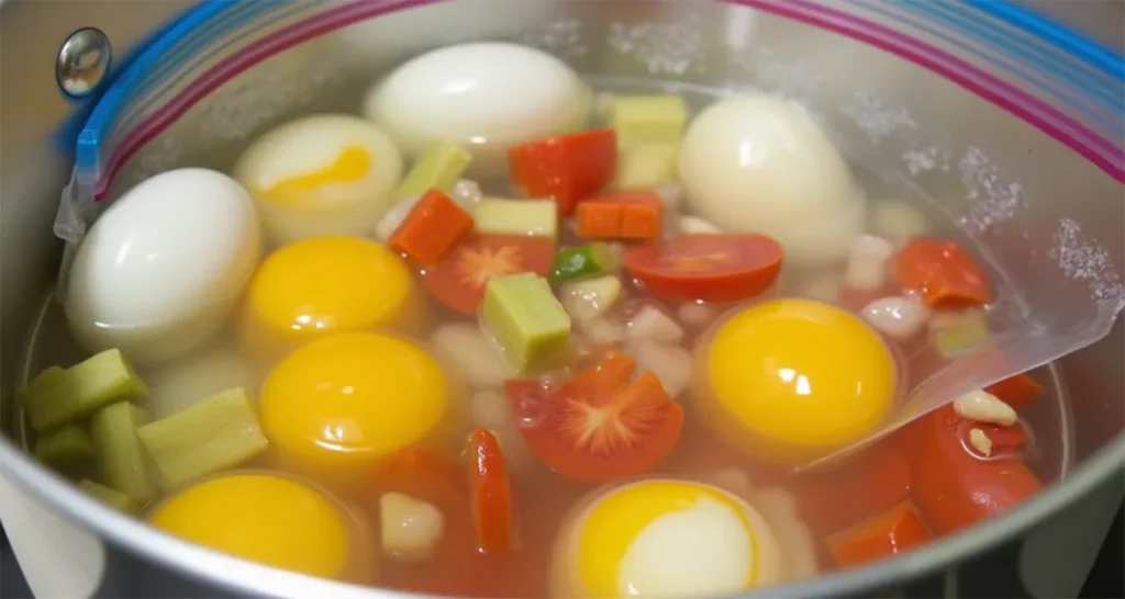 Ziploc bag with eggs, veggies, and cheese being cooked in boiling water over a campfire