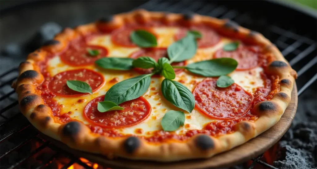 Personal-sized campfire pizza with marinara, melted cheese, and pepperoni