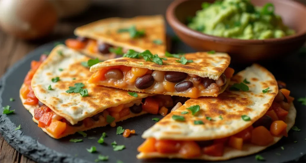 Campfire quesadilla filled with beans, cheese, and salsa