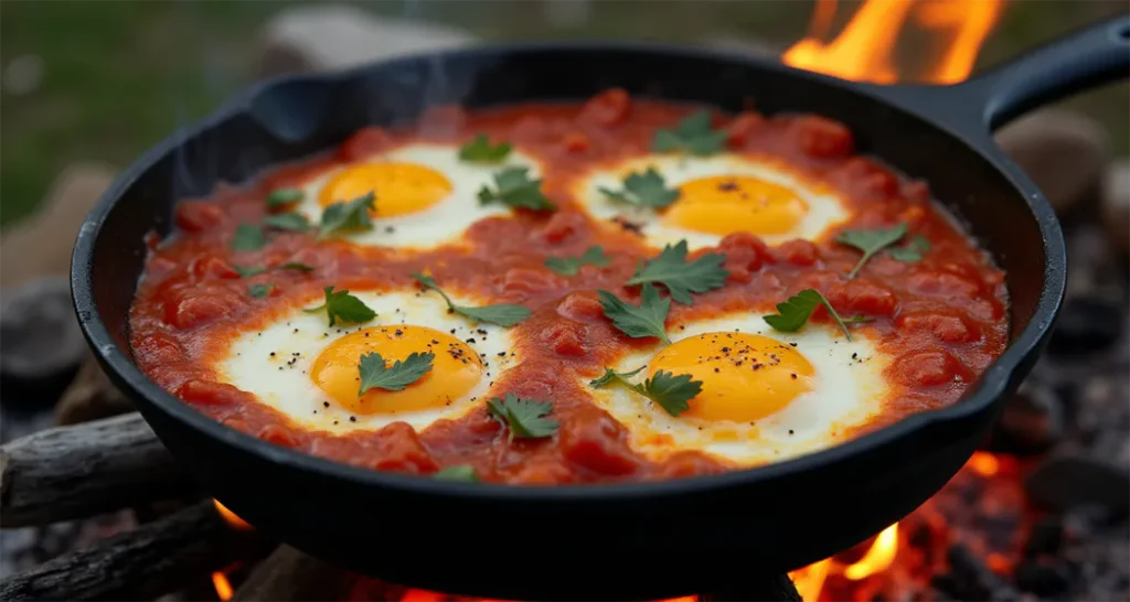 Camping Breakfast Ideas: Cast-iron skillet filled with shakshuka, featuring eggs poached in a rich tomato sauce over a campfire