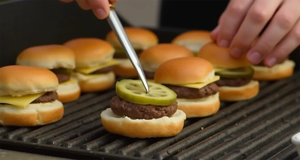 Campfire sliders with mini burger patties, melted cheese, and pickles on toasted buns