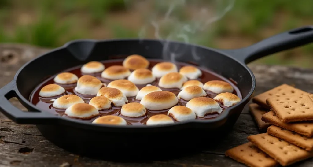 S’mores dip in a cast-iron skillet, featuring melted chocolate and marshmallows with graham crackers for dipping