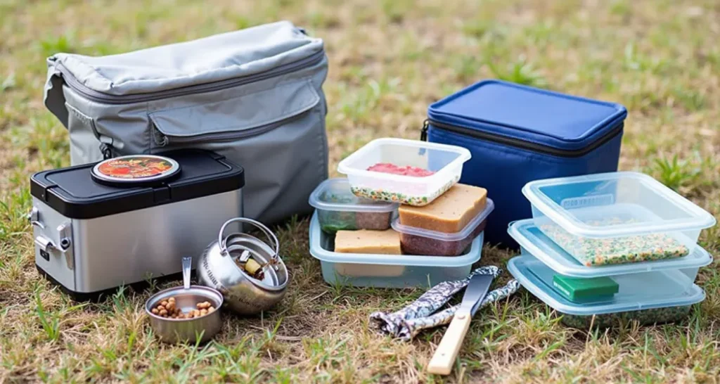 Essential camping meal prep items including a cooler, insulated bags, containers, foil, and utensils