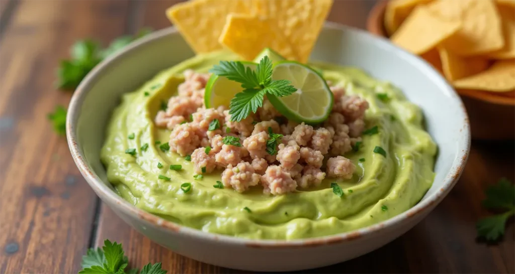 Easy Camping Meals :Tuna avocado salad with lime wedges and tortilla chips for scooping