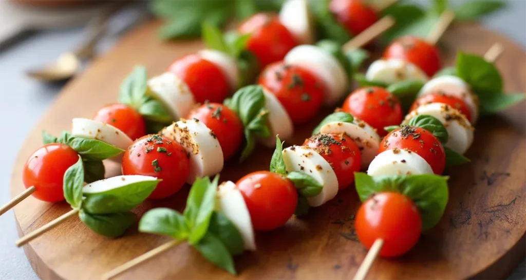 Caprese skewers with cherry tomatoes, mini mozzarella balls, and basil leaves